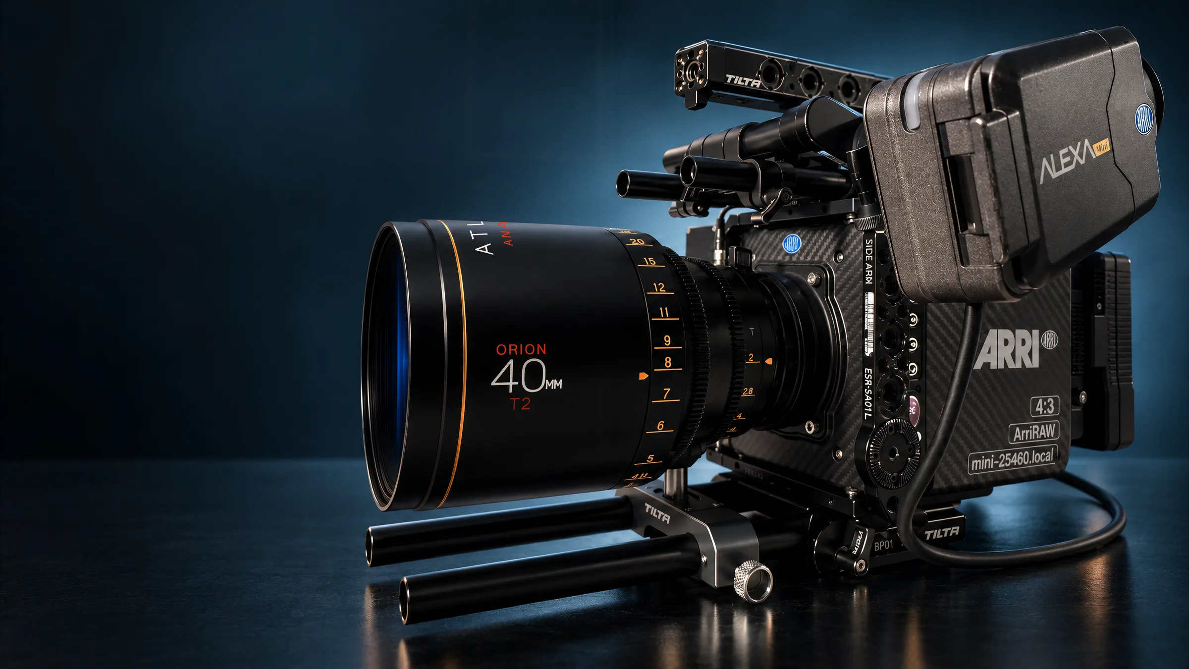 Made with AI from my photos: this ALEXA Mini on its Tilta rig with the Orion 40mm, on a blue studio set.